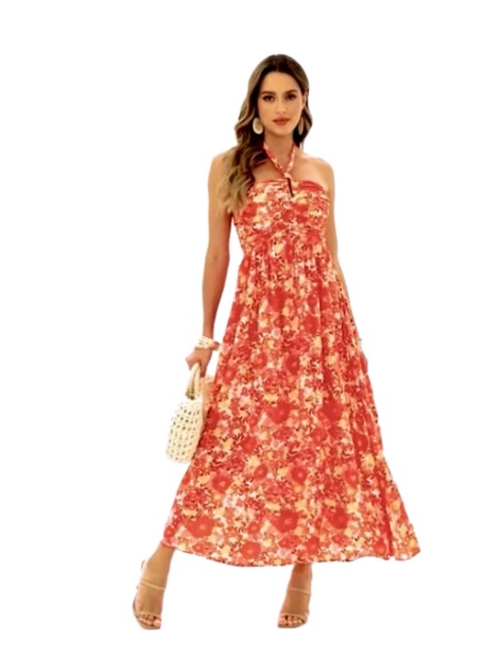 Strapless Coral Red Floral Maxi Dress with Halter Tie